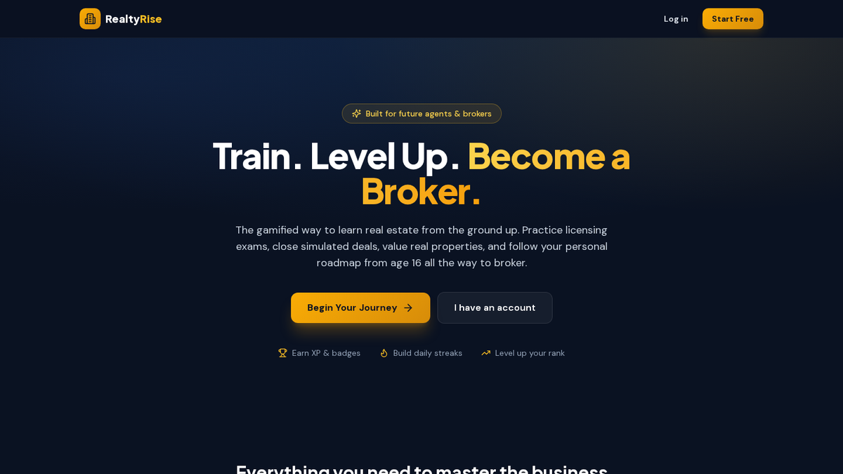 RealtyRise gamified real estate training platform homepage