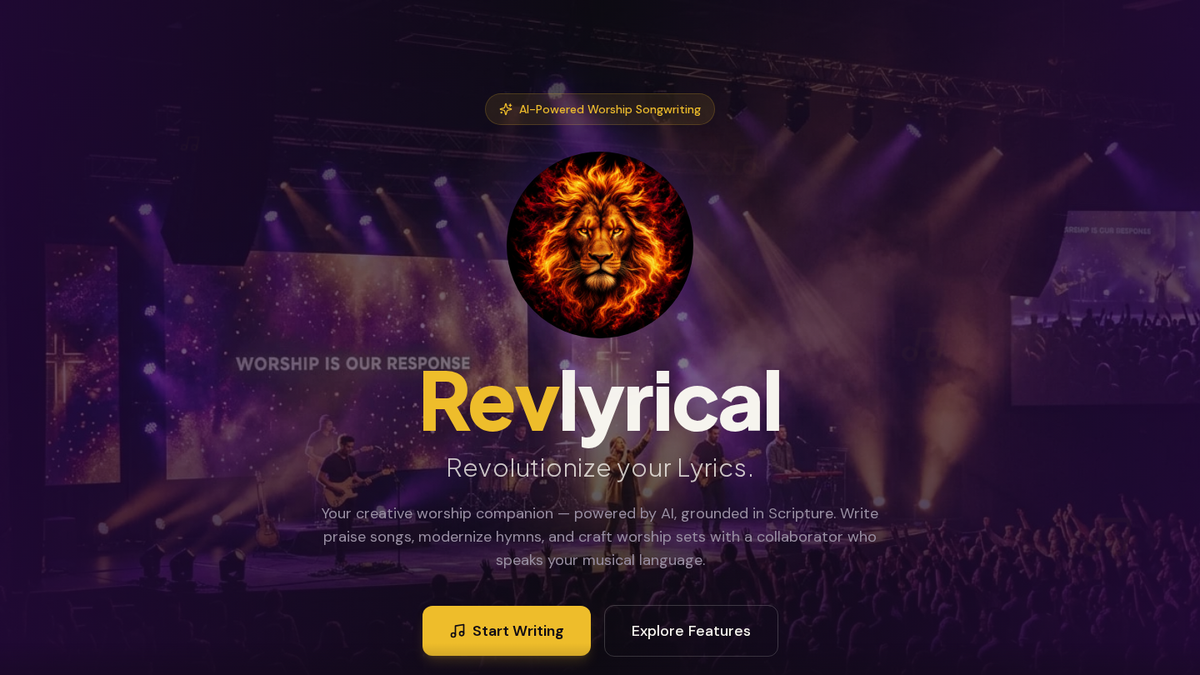 Revlyrical AI worship songwriting platform homepage