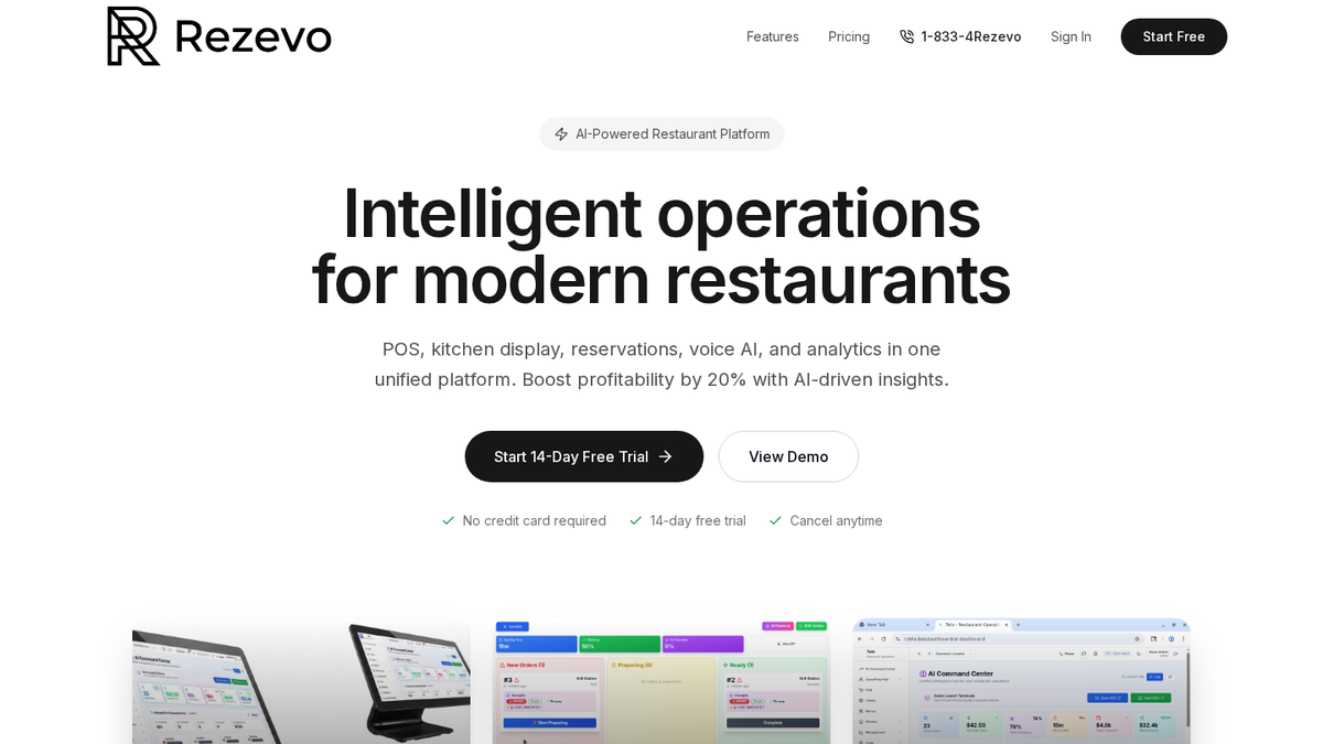 Rezevo AI restaurant operations platform homepage