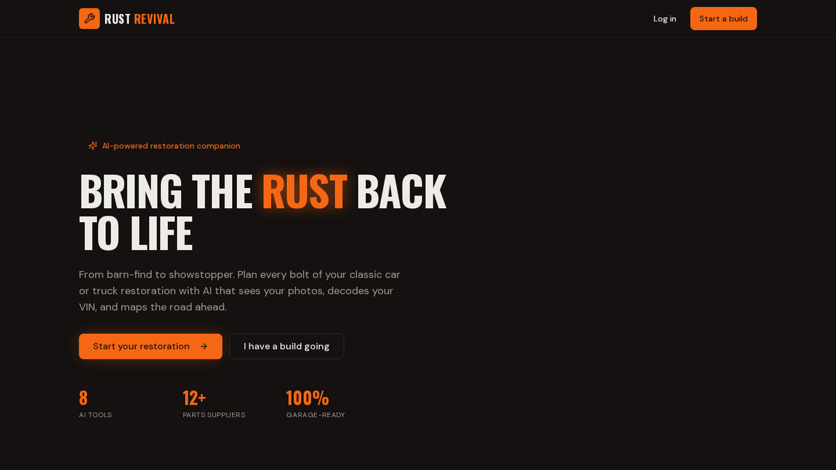 Rust Revival AI vehicle restoration companion platform homepage